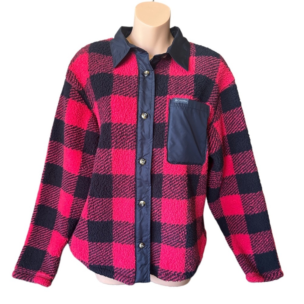 Columbia Red and Black Plaid Fleece Button Up Collared Jacket